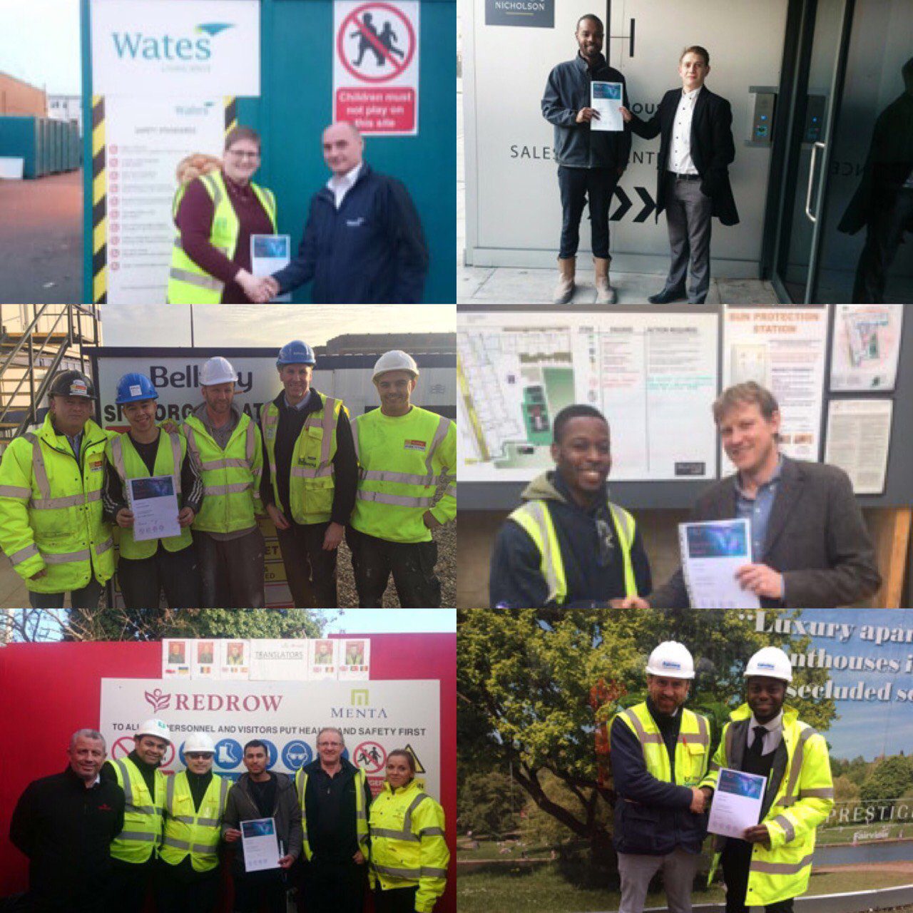 A collage of six photos shows groups and pairs of K-10 construction workers and professionals—some in safety vests and hard hats—holding certificates or plaques while posing and smiling at various construction sites and offices.