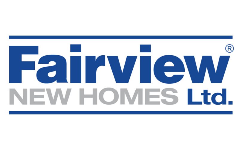 Fairview New Homes Ltd. logo with Fairview in large blue letters above NEW HOMES Ltd. in smaller grey and blue text, all inside a bordered rectangle reminiscent of a K-10 design style.