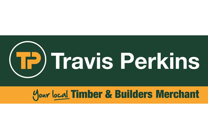 Logo for Travis Perkins with TP in a circle on a green background, featuring the K-10 text beside "Travis Perkins." Below, on a yellow strip, it says Your local Timber & Builders Merchant.