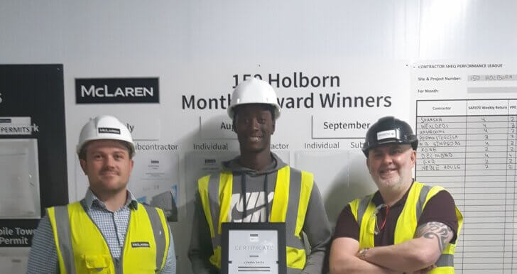 From L to R: Craig (Walter McLaren Site Manager) / Centre - Lamarr Smith (Drylining Apprentice) / Stephen Connolly (Delmond Project Manager)