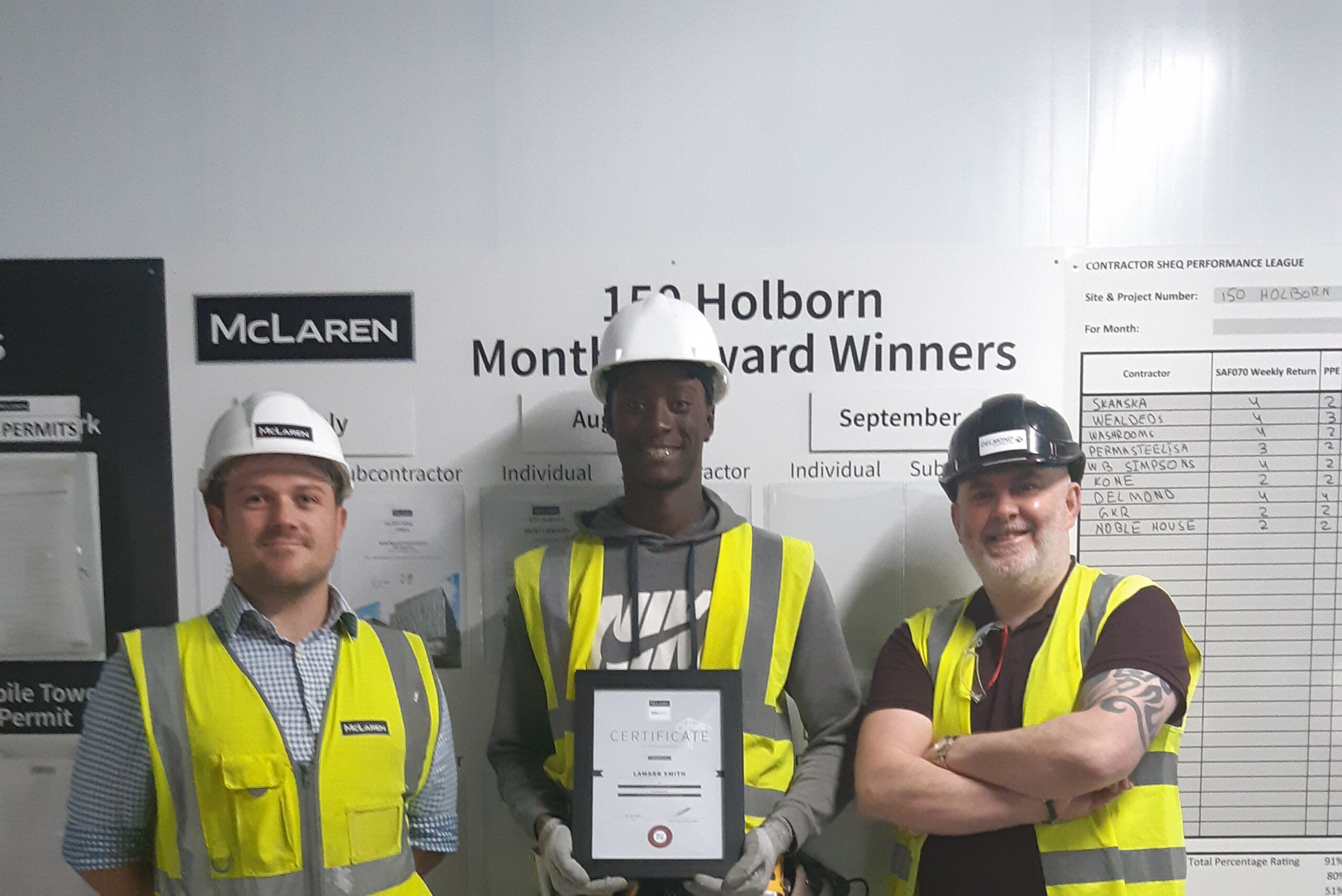 From L to R: Craig (Walter McLaren Site Manager) / Centre - Lamarr Smith (Drylining Apprentice) / Stephen Connolly (Delmond Project Manager)