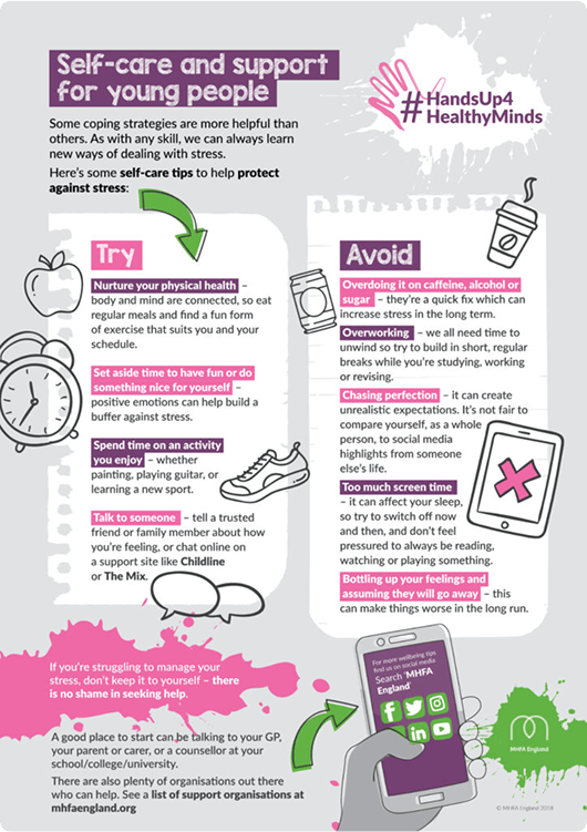 An infographic titled Self-care and support for K-10 young people offers stress management tips: try increasing physical activity, relaxing, making time for yourself, socializing, and seeking help; avoid excess caffeine, sugar, or overworking.